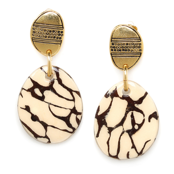 Image of antic gold earrings made with termite nest and horn dangle.