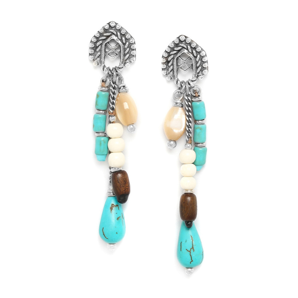 Image of silver post earrings with long dangles embellished with semi precious beads and stones in aqua and cream and brown.