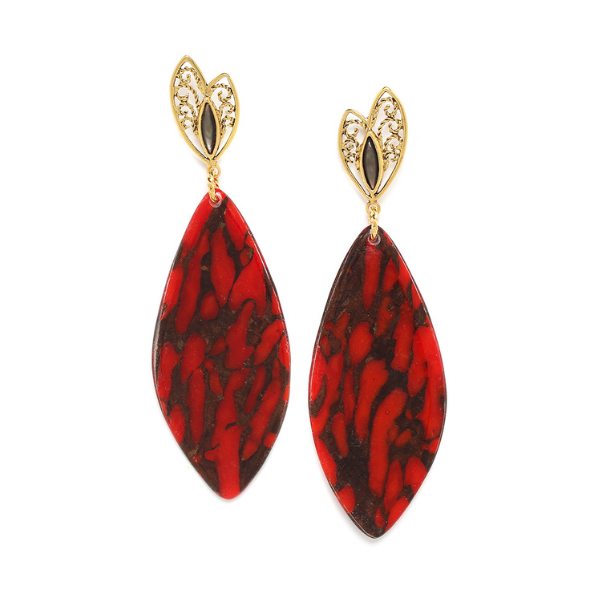 Image of large dangle earrings in termite mound red agate colour and theme on gold plated stud finish.