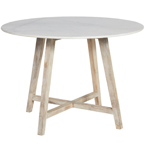 Image of dining table constructed of white-washed mango wood legs and round 110cm diam marble top.