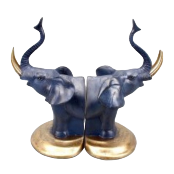 Image of bookends made from resin with dark blue elephant sitting on a golden surface as the feature of this great design.