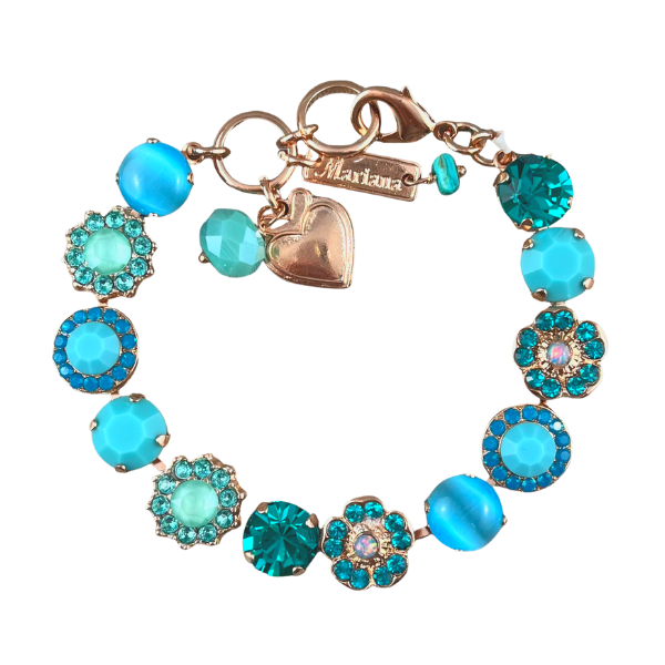 Image of pretty bracelet featuring flowers using aqua and turquoise swarovski crystals and opalites.