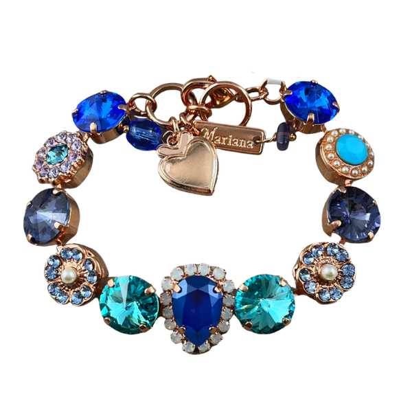 Image of 18ct rose gold plated bracelet embellished with electric blue, aqua, lilac crystals with electric blue opalite teardrop crystal centrepiece.