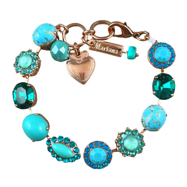 Image of pretty bracelet with different shaped charms using aqua and turquoise swarovski crystals and opalites.
