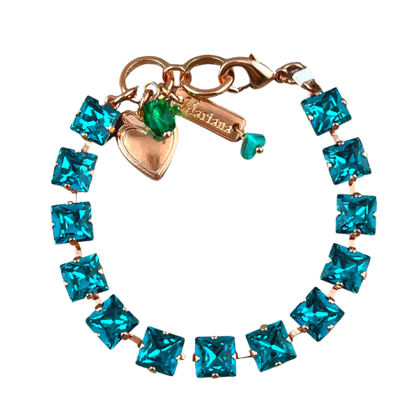 Image of bracelet with beautifully cut small squares in blue using Swarovski crystals on 18 carat rose gold finish.