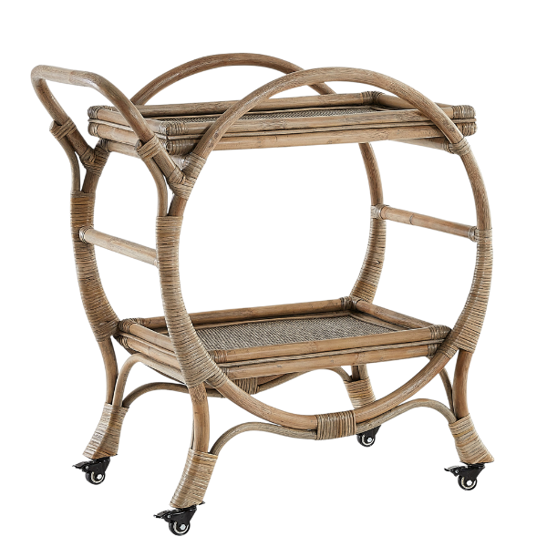 Image of classic style bar cart on wheels in mud grey rattan.