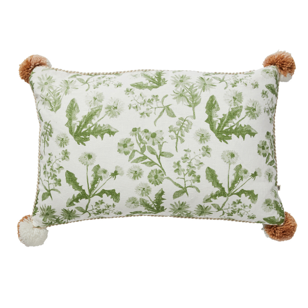 Image of Dandy Sage Cushion 60cm x 40cm with natural raffia and pom pom trim.