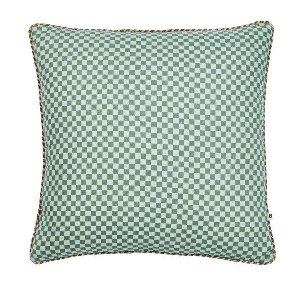 Image of blue and green checkered cushion 50cm x 50cm with natural raffia trim.