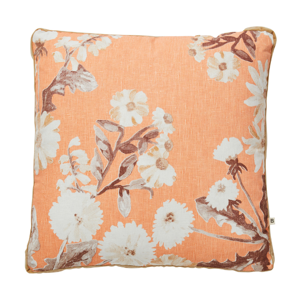 Image of Garden Patch Peach Cushion with velvet trim.
