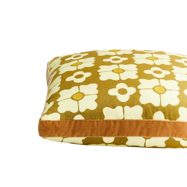 Image of 50 x 50 box cushion with carnation moss coloured pattern finished with a brown velvet trim.