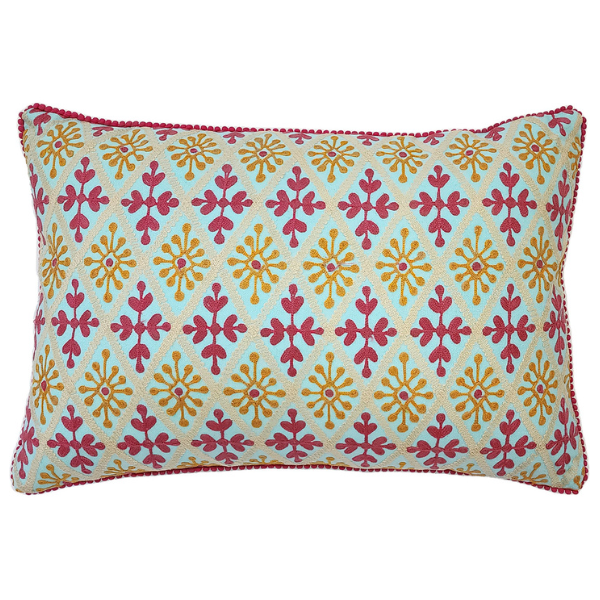 Image of aqua cotton lumbar cushion with tribal starburst pattern in purple and yellow embroidery.