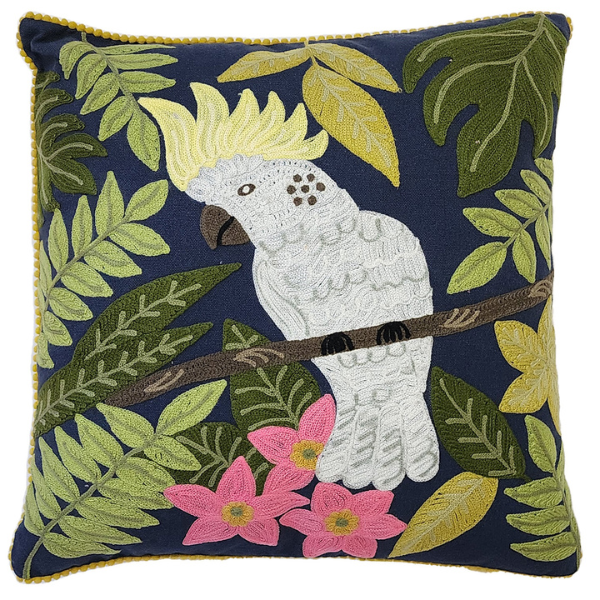 Image of Navy cotton cushion with white cockatoo and native foliage embroidery.