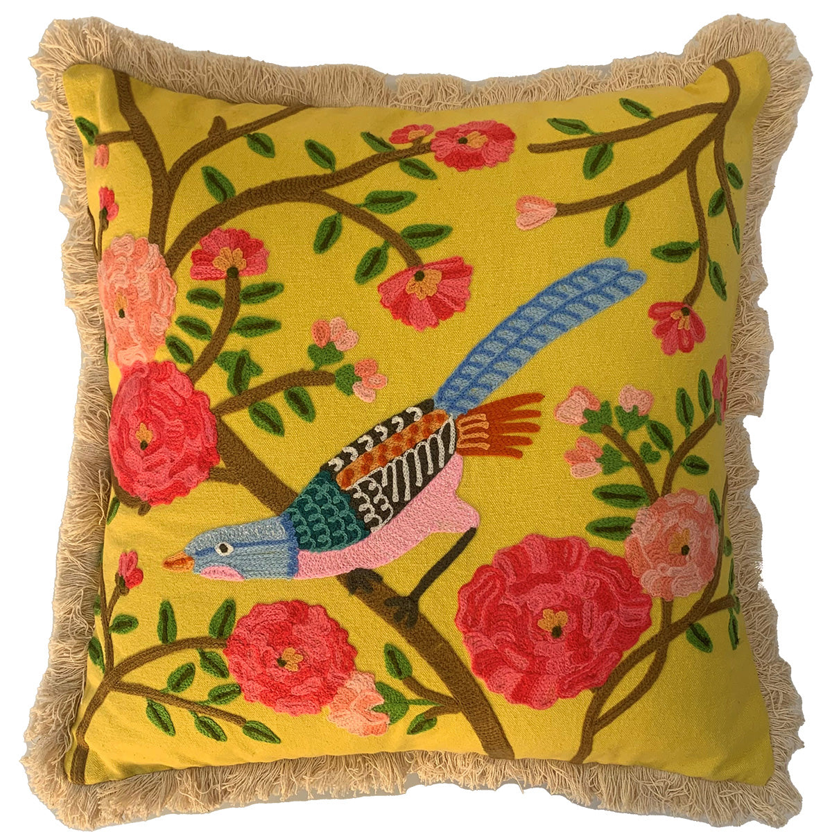 Fringed Summer Birds Cushion - Yellow CUS2136