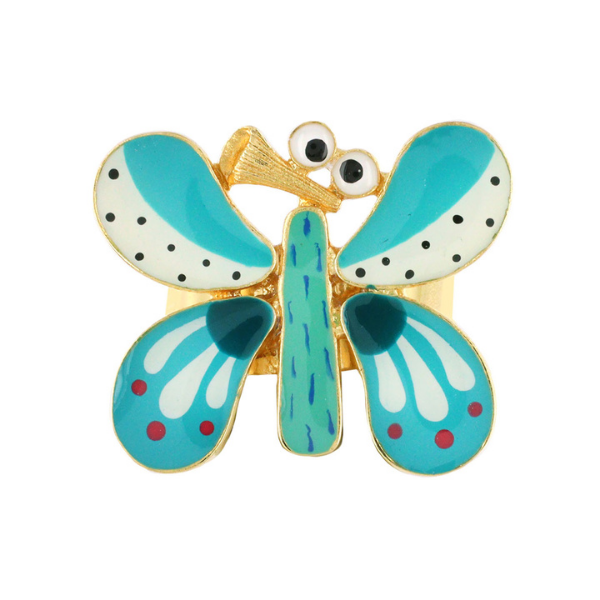 Image of Taratata ring with turquoise and white comic butterfly resin motif in gold coloured metal findings.