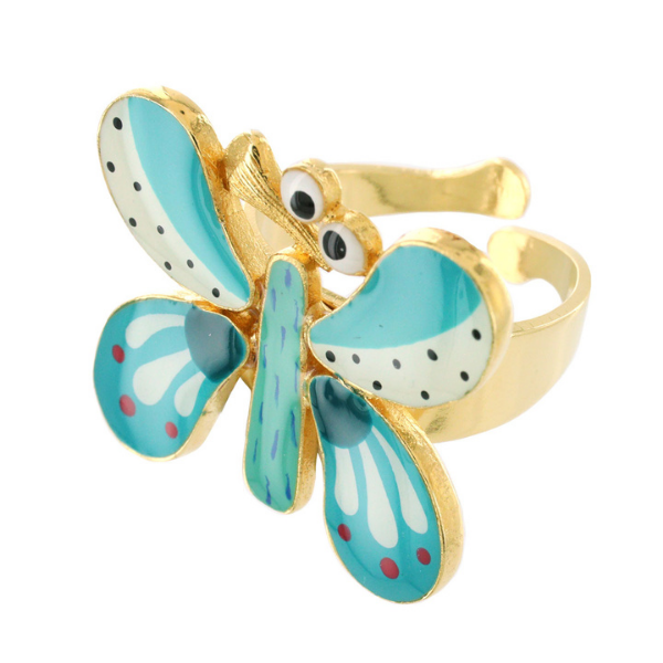 Image of Taratata ring with turquoise and white comic butterfly resin motif in gold coloured metal findings.