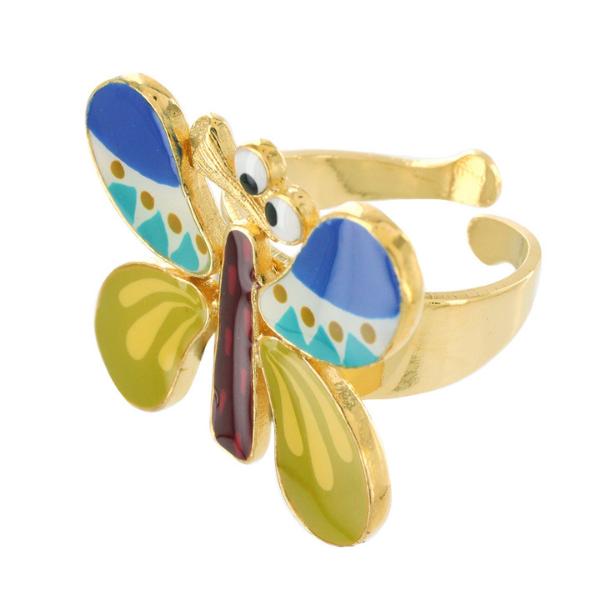 Image of Taratata ring with chartreuse, cobalt and aqua comic butterfly resin motif in gold coloured metal findings.