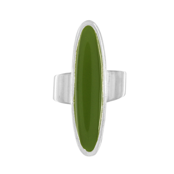Image of elongated oval shape ring enamelled in green on silver plated adjustable band.