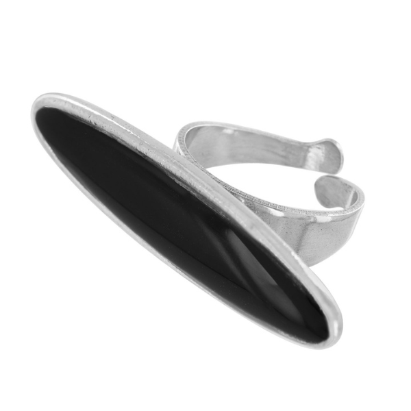 Image of elongated oval shape ring sitting across ways on finger, enamelled in black on silver plated adjustable band.