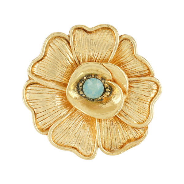 Image of golden flower ring with blue green rhinestone in centre on gold metal finish.