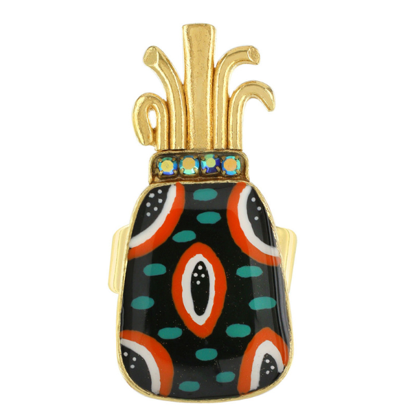 Image of pineapple shaped ring hand painted in multicolours with precious stones and beads gold plated finish.