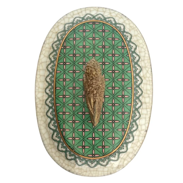 Image of Pretty bird feature lid, oval shaped trinket box with brass detail and green colours.