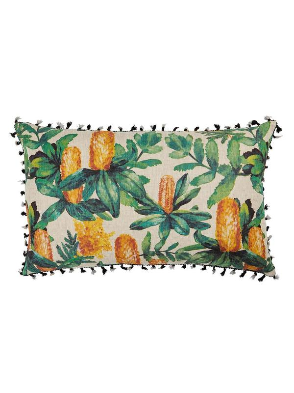 This Bonnie and Neil Banksia Multi rectangular cushion features original artwork that has been  hand screen printed on oat linen.  The reverse of the cushion features the banksia in green on oat linen. This cushion is finished with black and grey tassel trim and includes a plush feather insert. Featuring rare and unique flowers including Australia's own native Banksia, the collection includes hand painted blooms and delicate floral patterns.  Simple geometric designs complement seascapes with terracotta and