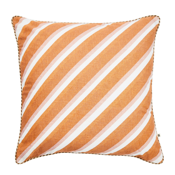 Image of Dina Stripe Tan Pink Cushion with rust raffia trim.
