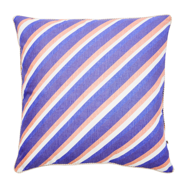Image of Dina Stripe Yves Klein Blue 60cm x 60cm cushion with natural raffia trim.