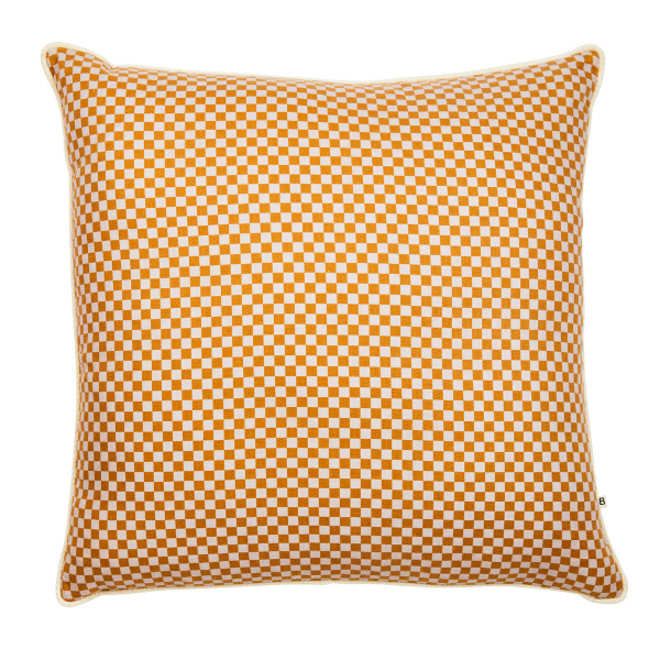 Tiny Checkers Tan Cushion 60cm x 60cm with cream loop piping trim.