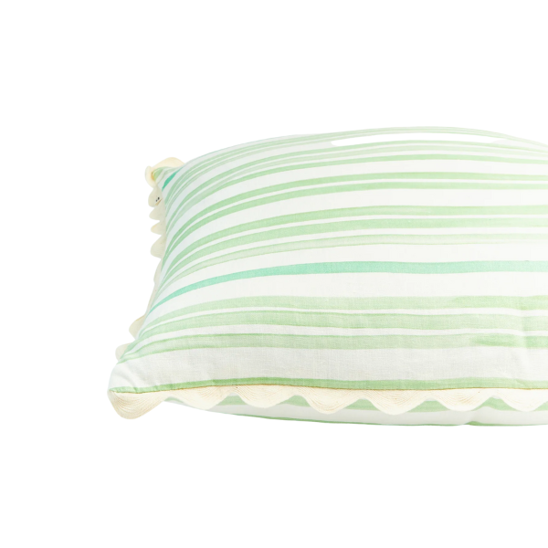 Image of 60 x 60 cm cushion with green, grey and white tone stripes on white linen with scalloped trim.