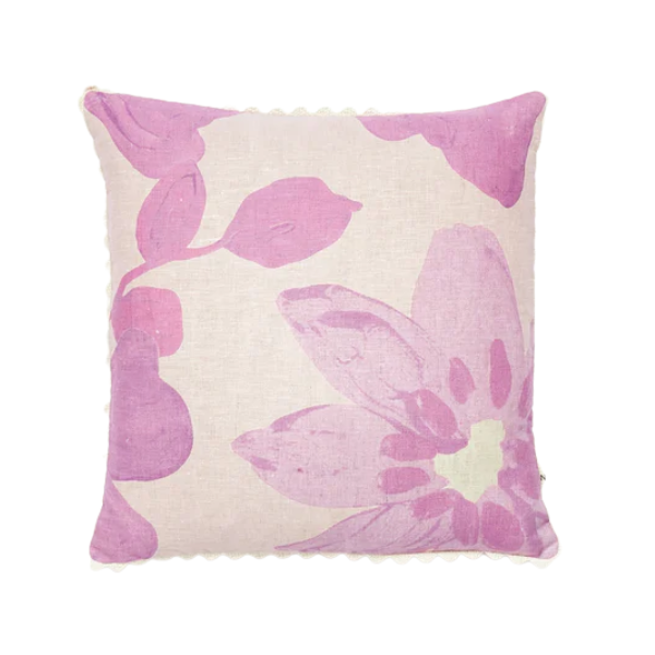 Image of 60 x 60 cm cushion with lilac flowers on linen finished with a cream scalloped trim.