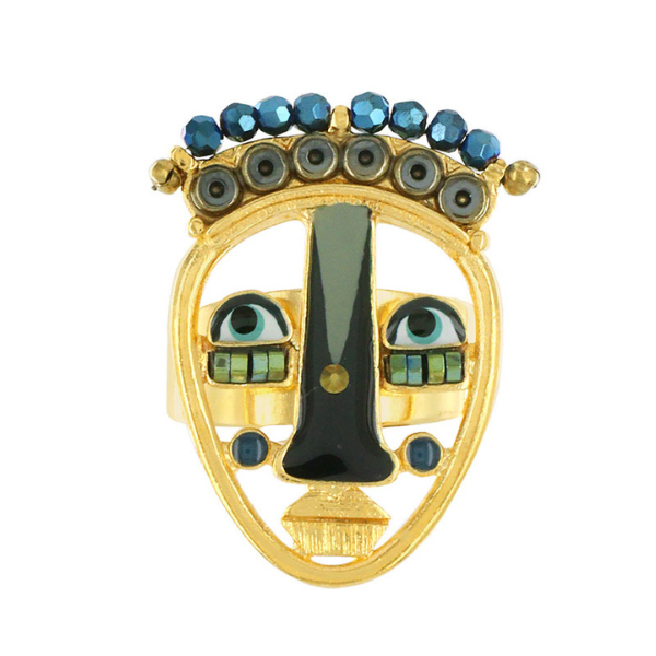 Image of gold metal ring with big face using beads and stones.