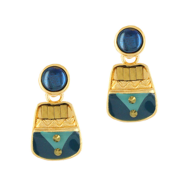 Image of small hand painted blue and gold metal earrings.