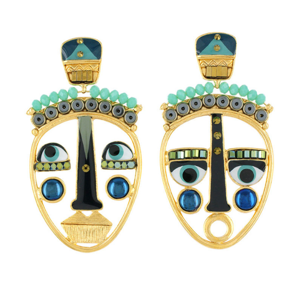 Image of stud earrings with big quirky eyes and mouth face feature surrounded with blue stones and beads.