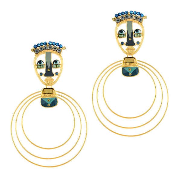 Image of small quirky face stud earrings with 3 hoop gold metal dangles.