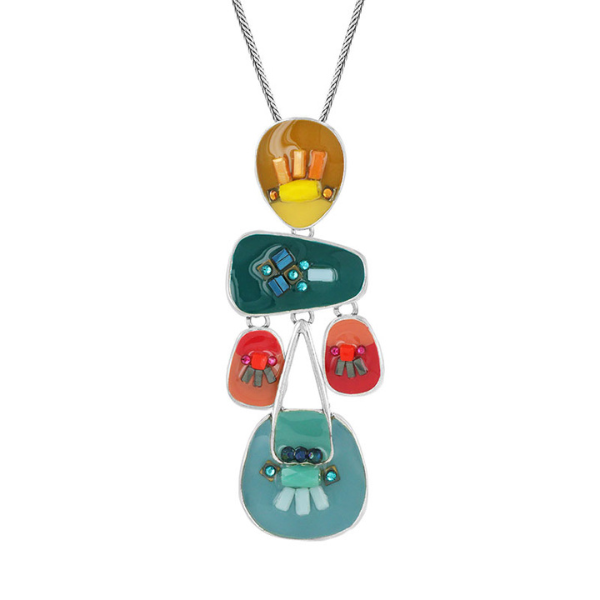 Image of hand painted multi coloured stones long dangle necklace on silver metal finish.