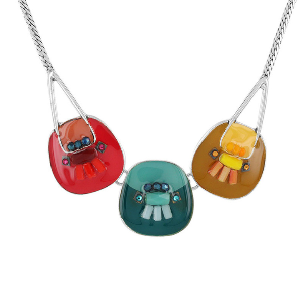 Image of hand painted 3 stones necklace with green, yellow and red on silver metal finish.