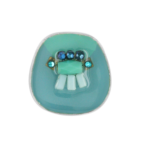 Image of chunky ring hand painted blue with coloured beads and stones, with silver finish.