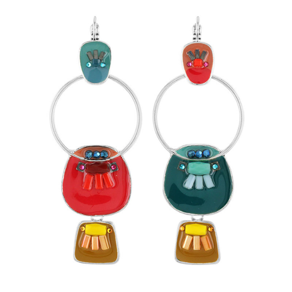 Image of multi coloured dangle earrings with hoop. Silver finish.