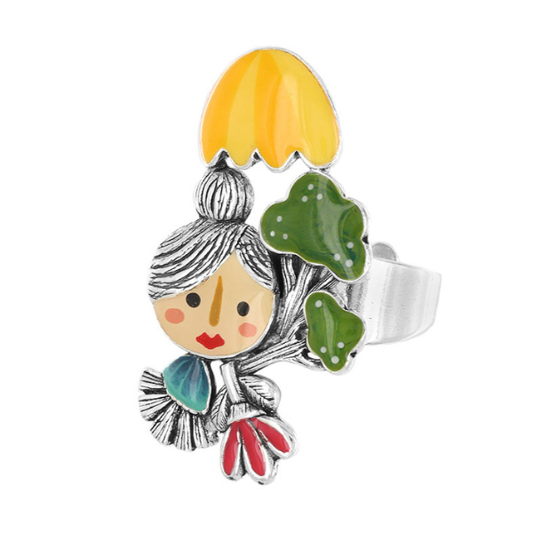 Image of colourful Josi Brocoli character ring on silver finish.