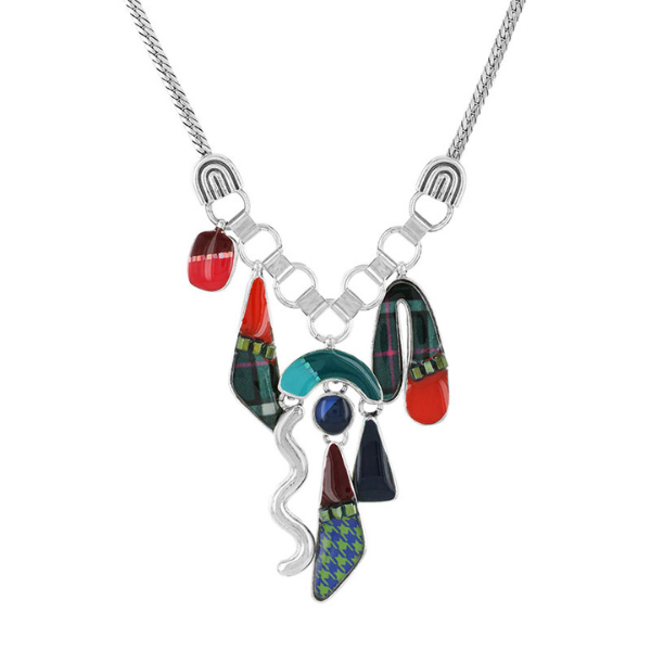 Image of striking multi coloured necklace with many dangle shapes on silver metal chain.