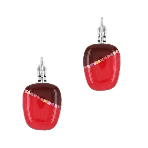 Image of dainty red coloured french hook earrings with glitter.