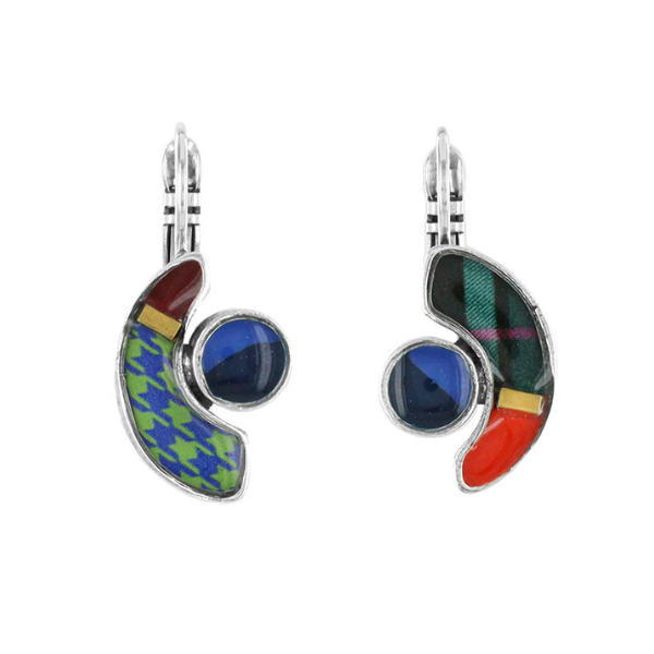 Image of small quirky shaped french hook earrings with multi colours.