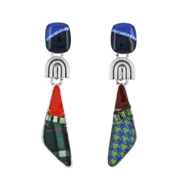 Image of multi coloured dangle earrings with silver finish.