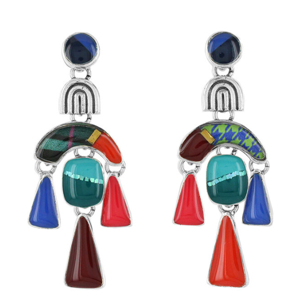 Image of striking multi coloured earrings with many dangle shapes.