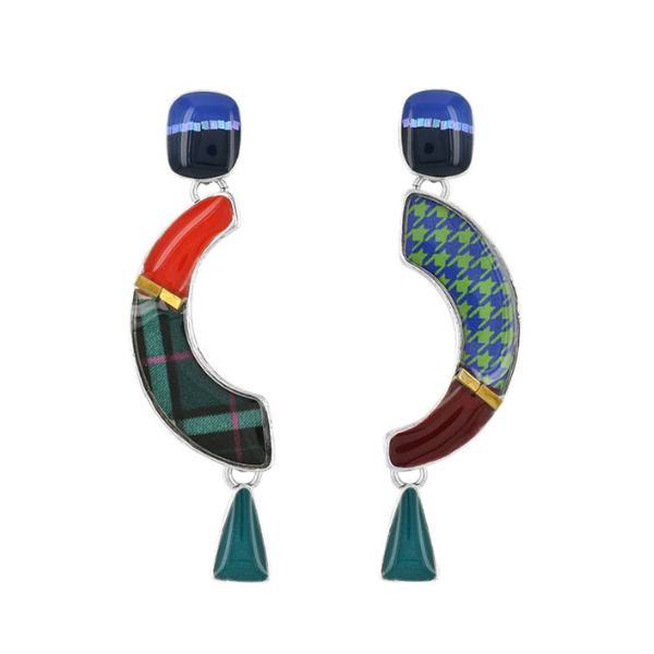 Image of multi coloured half moon dangle stud earrings.