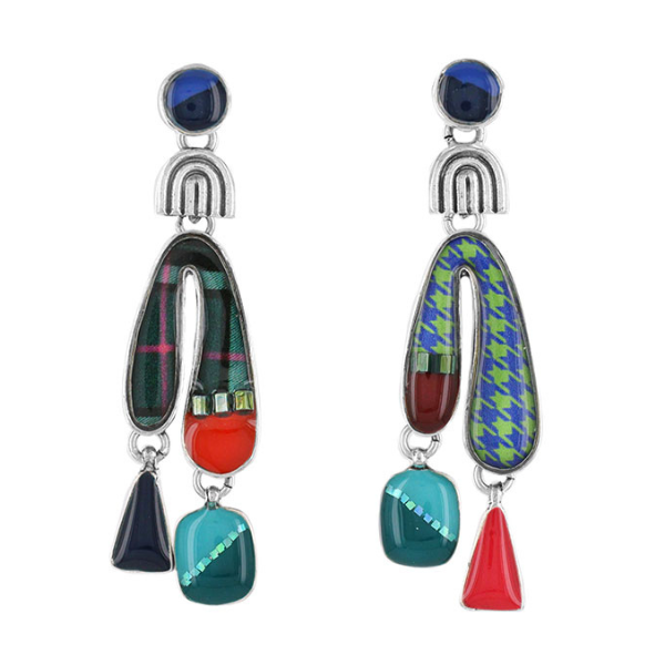 Image of striking multi coloured earrings with dangle shapes.