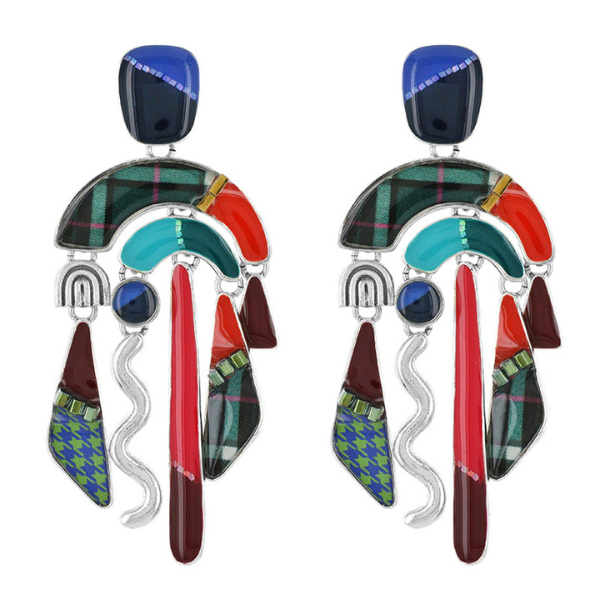 Image of striking multi coloured long earrings with many dangle shapes.