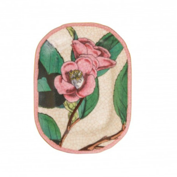 Image of porcelain glazed savon dish with camellia flower pattern.