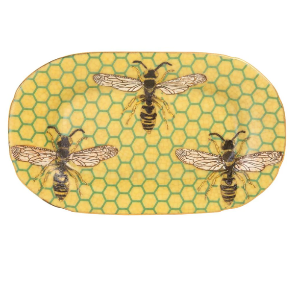 Image of CAM savon dish, another outstanding creation of a porcelain soap dish design featuring bees on yellow crackle glaze finish.
